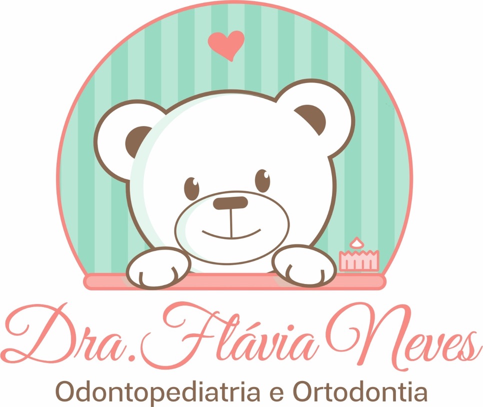 Logotipo da Dra. Flávia Neves com ursinho sobre arco verde-menta